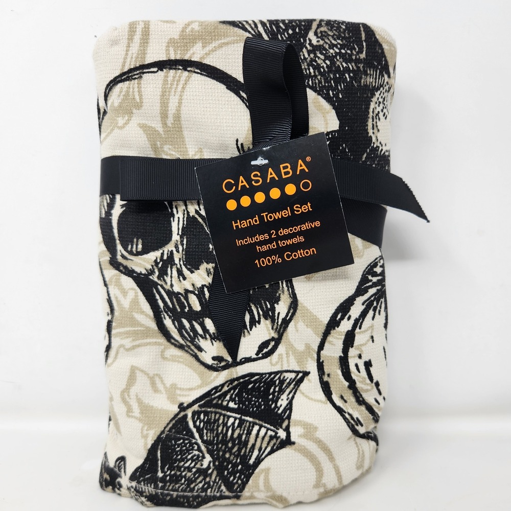 Casaba Halloween Hand Towel Set 2pc Cotton Skulls Bats Pumpkins Gothic Decor